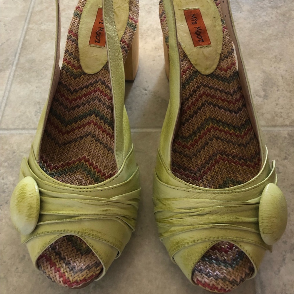 Miz Mooz Chartreuse Green Leather Peep Toe Wedges